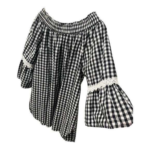 STUDIO WEST APPAREL BLACK AND WHITE GINGHAM SMOCKED FLARE LACE DETAIL SLEEVES - Picture 9 of 16